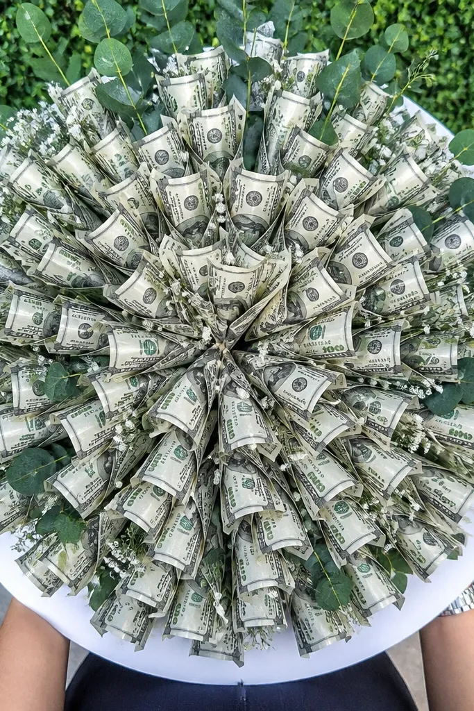 Burst-style bouquet with bills folded into confetti petals