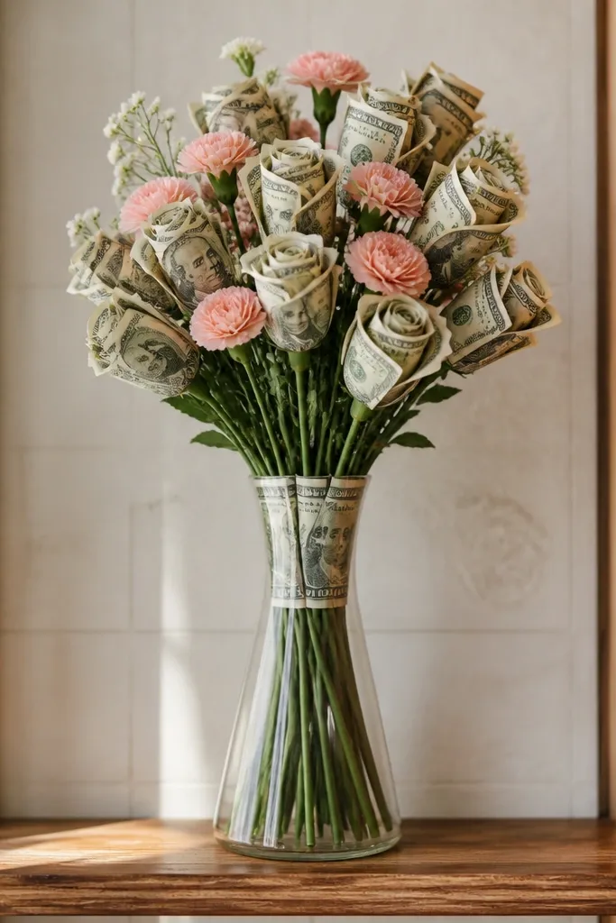 Tapered bottle holding money flowers with wrapped stem cluster