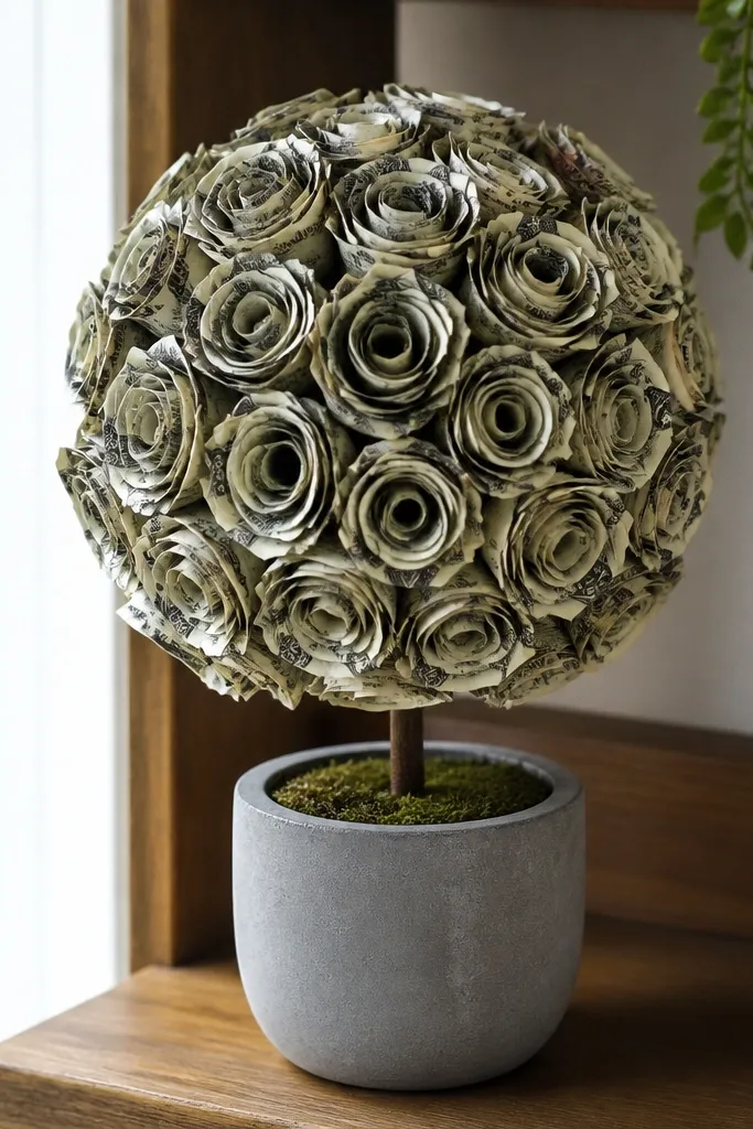 Mini topiary ball covered in money rose blooms