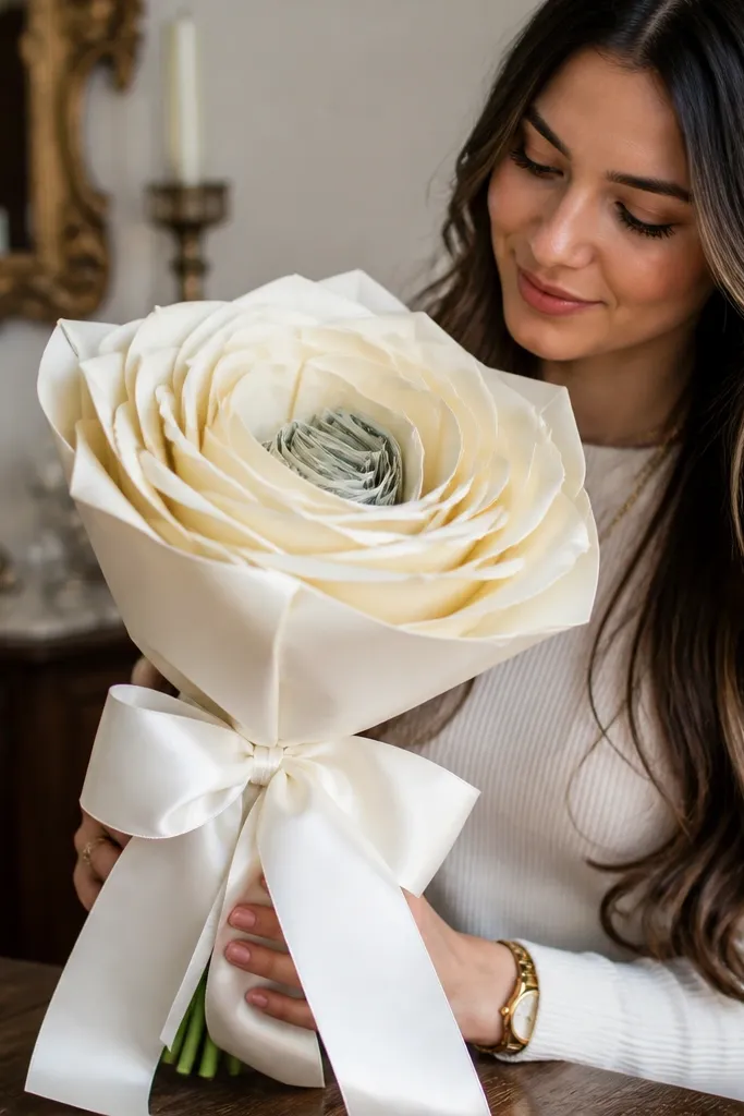 Satin bow bouquet with flowers that hide bill tubes under petals