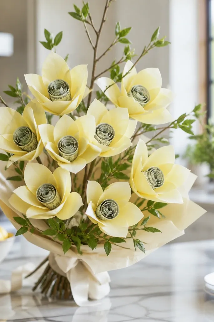 Yellow paper lemon blossoms with rolled bill pollen centers