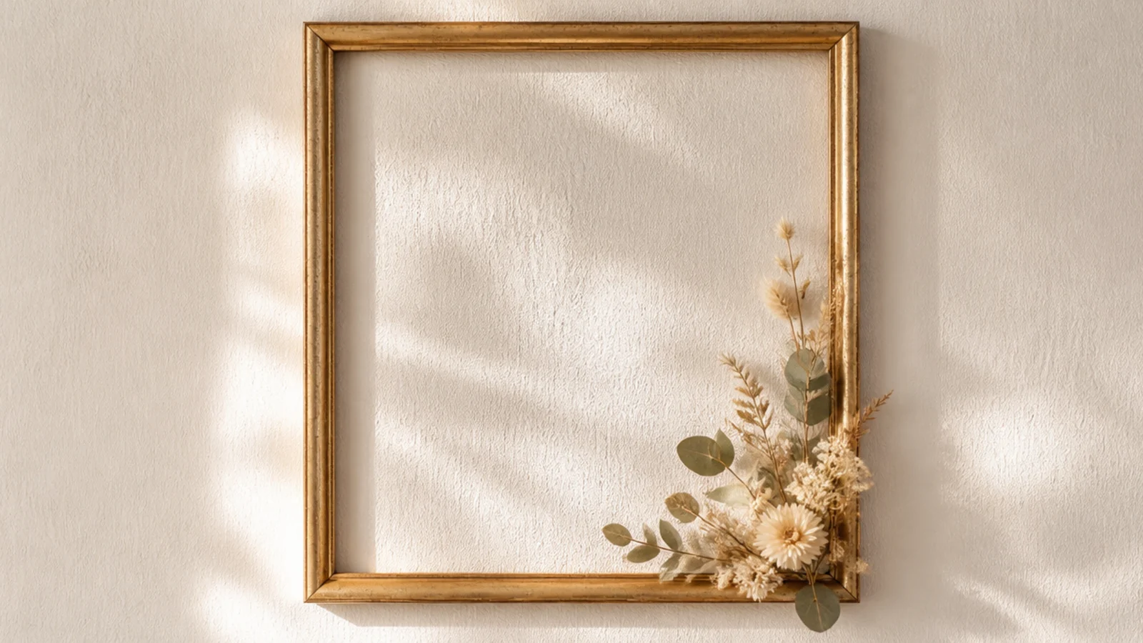 An empty open frame hung on a wall with a small cluster of dried flowers accenting one corner, wall showing through.