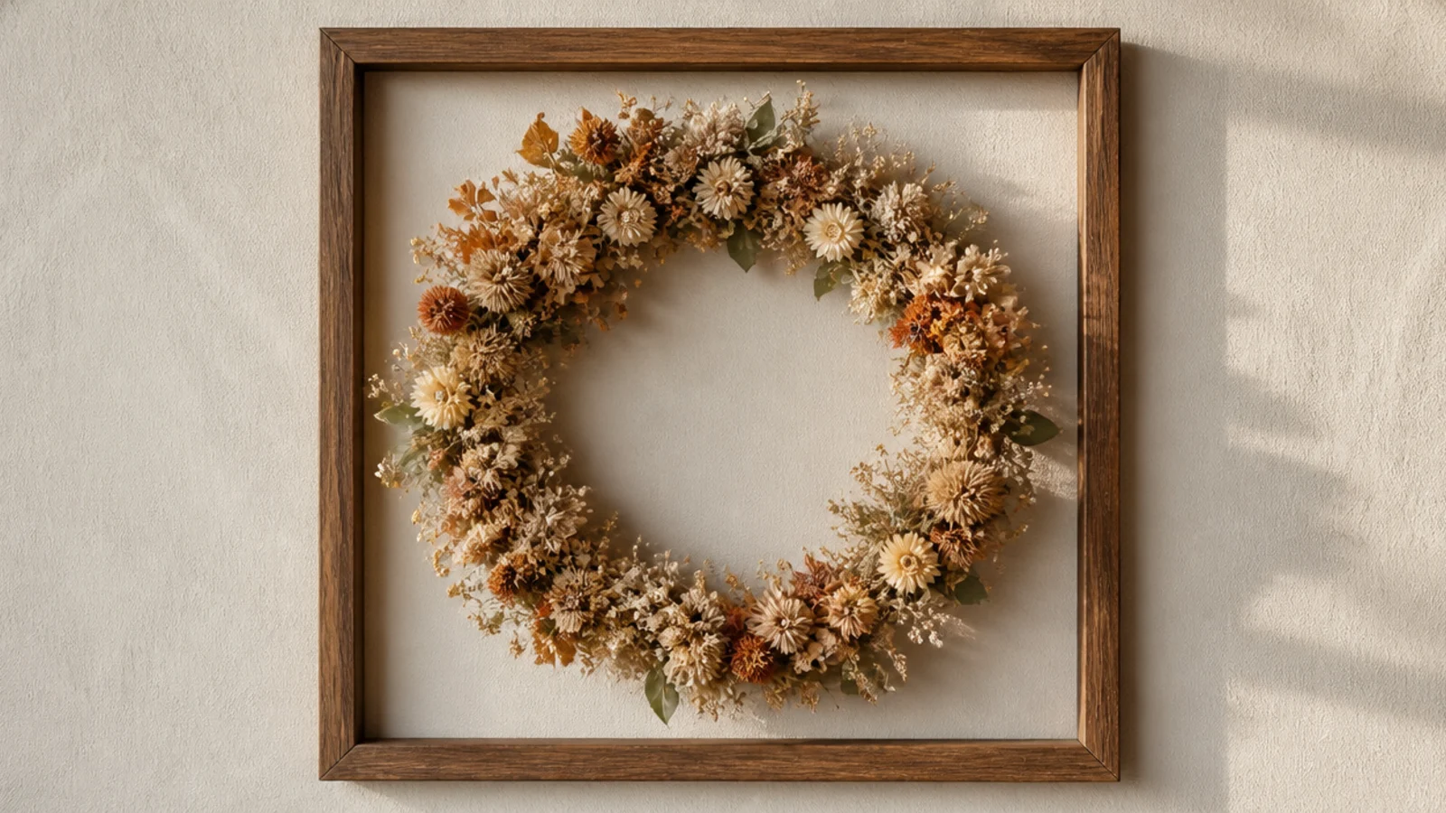 A square empty frame with a round dried flower wreath suspended in the center, wall visible around it.