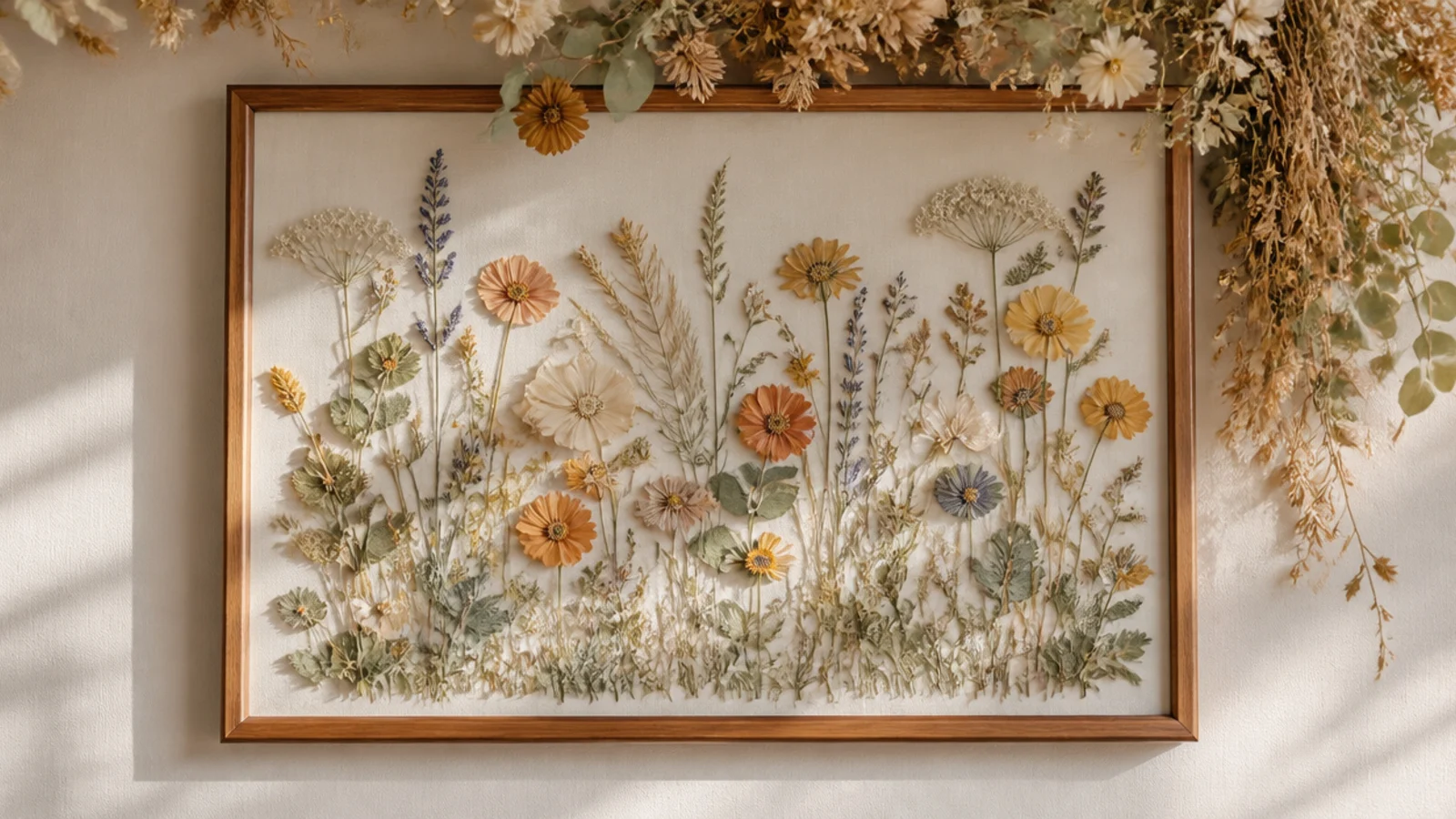 A rectangular frame with a dried flower swag draping across the top edge and down one side, wall showing through.