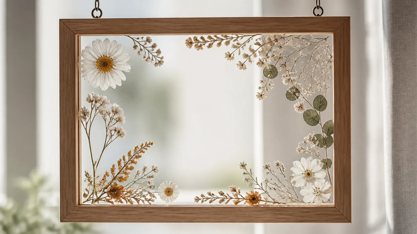 An empty frame with pressed flowers mounted on a clear acetate panel so light passes through, hung in a window.