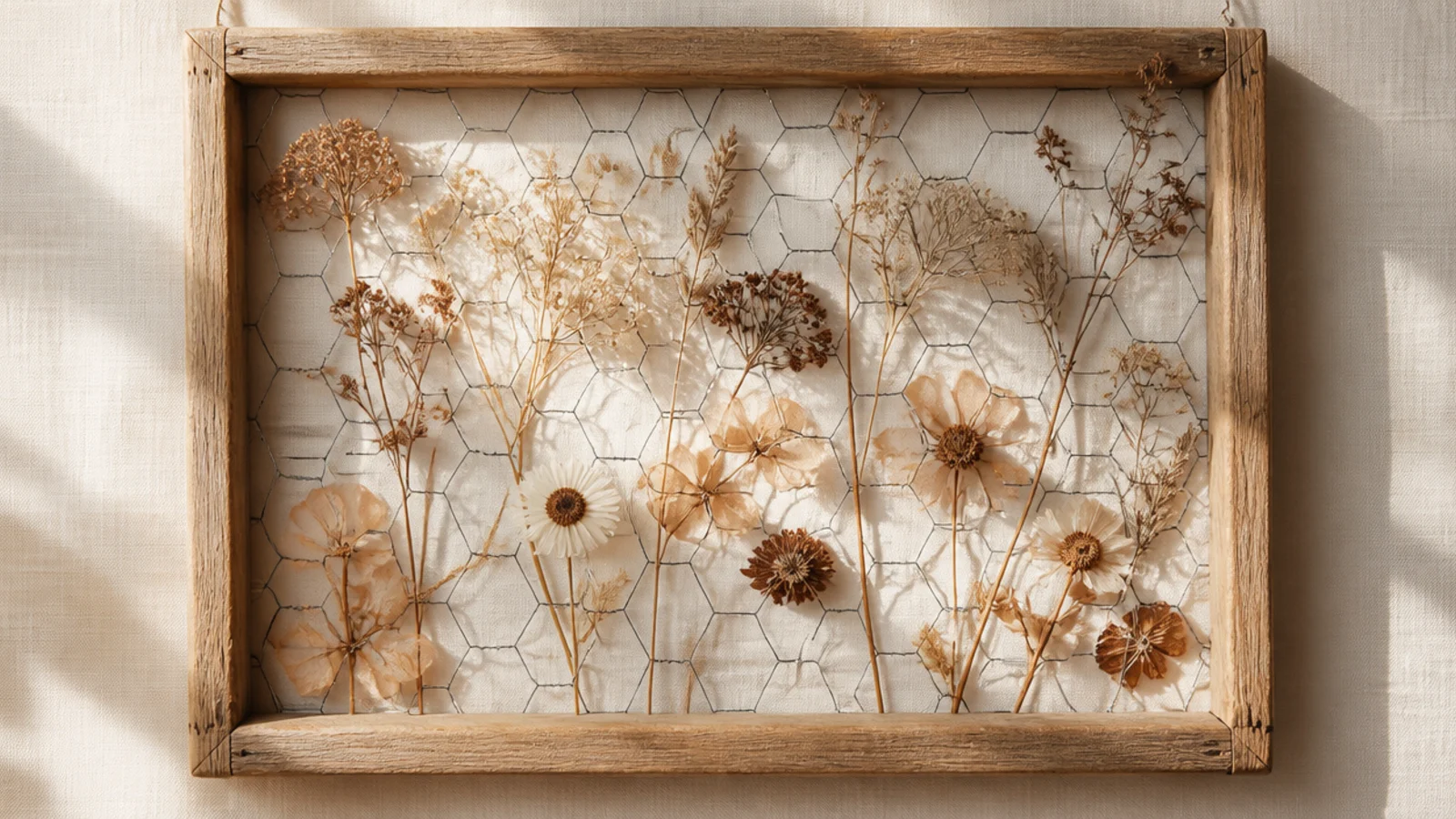 An empty frame fitted with chicken wire, dried flower stems woven through the mesh in a scattered pattern.