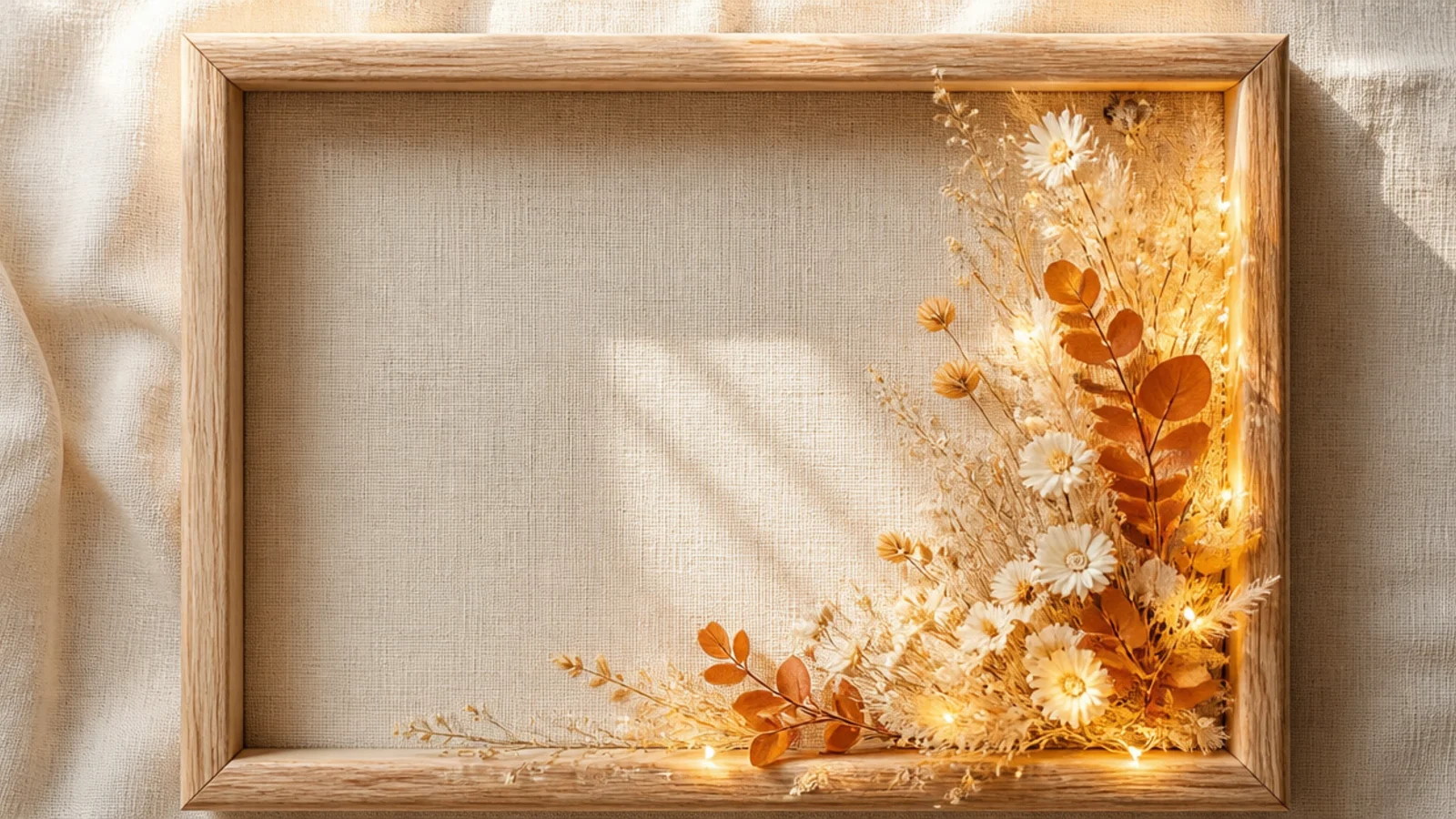 An empty frame with dried flowers along one side and warm fairy lights woven among the blooms, glowing softly.
