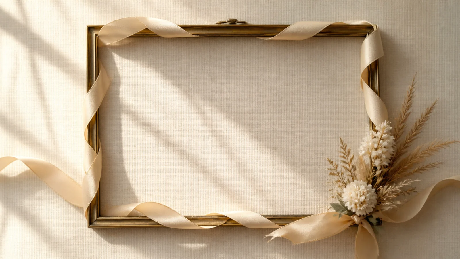 An empty frame with a flowing silk ribbon woven along the frame and a few dried blooms at one corner.
