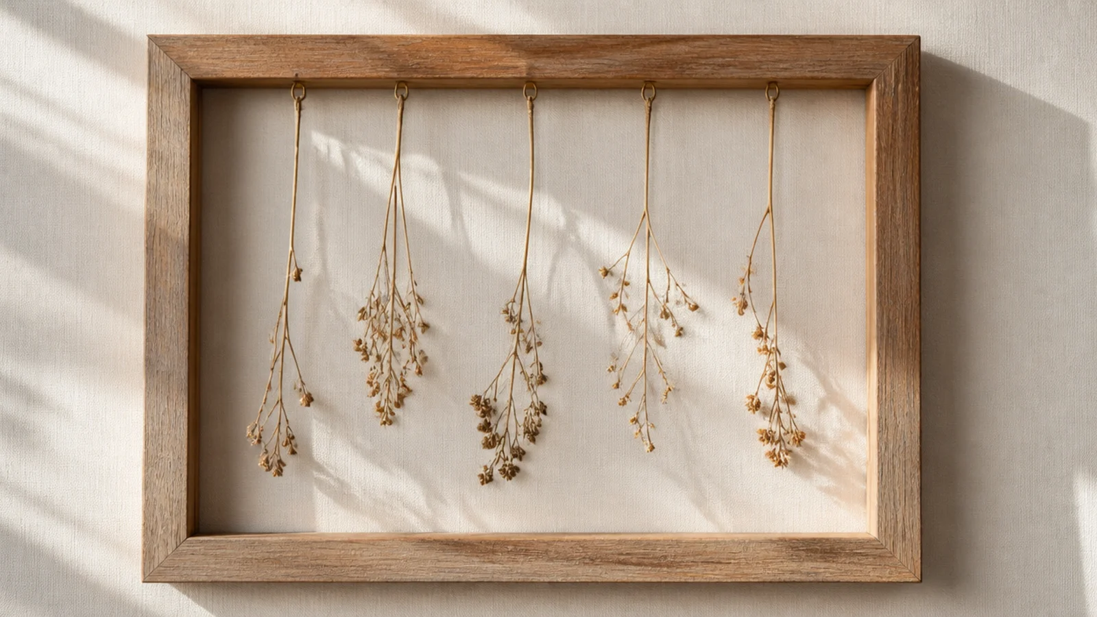 An empty frame with a few long dried stems hanging vertically inside the opening from the top bar, spaced evenly.