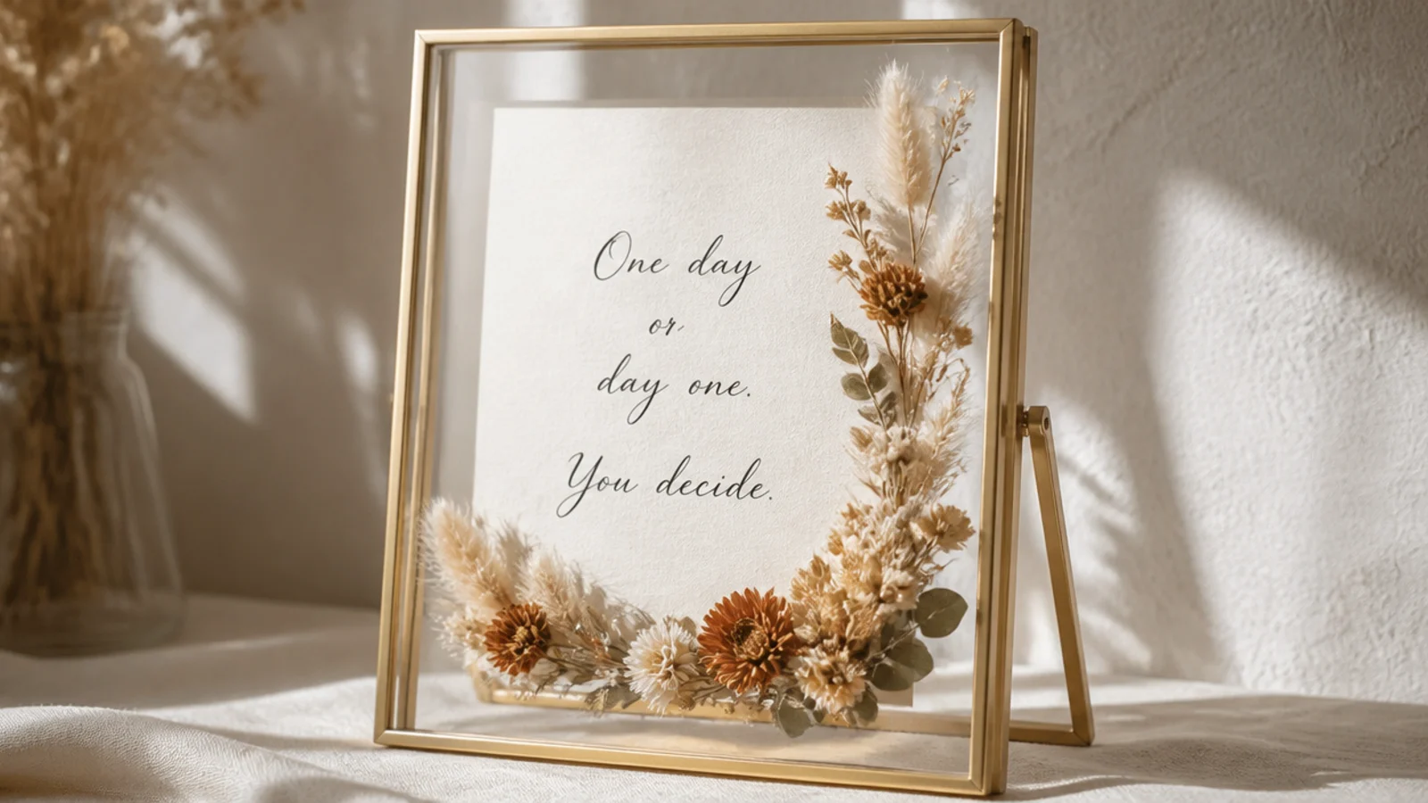 A small standing frame on a table decorated with dried flowers along the base and one side, propped on an easel back.