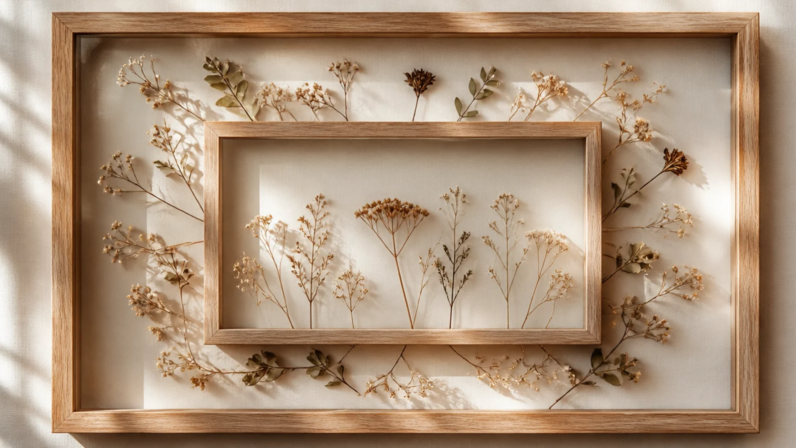 A large empty frame with a smaller frame mounted inside it, dried flowers bridging between the two frames' edges.