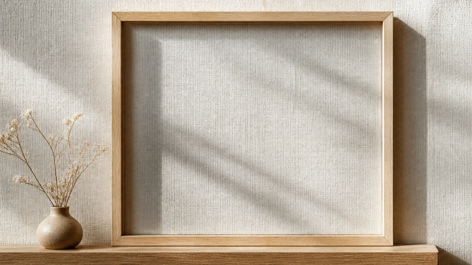 An empty frame with a small shelf fixed across the bottom holding a tiny vase of dried flowers, wall showing through.