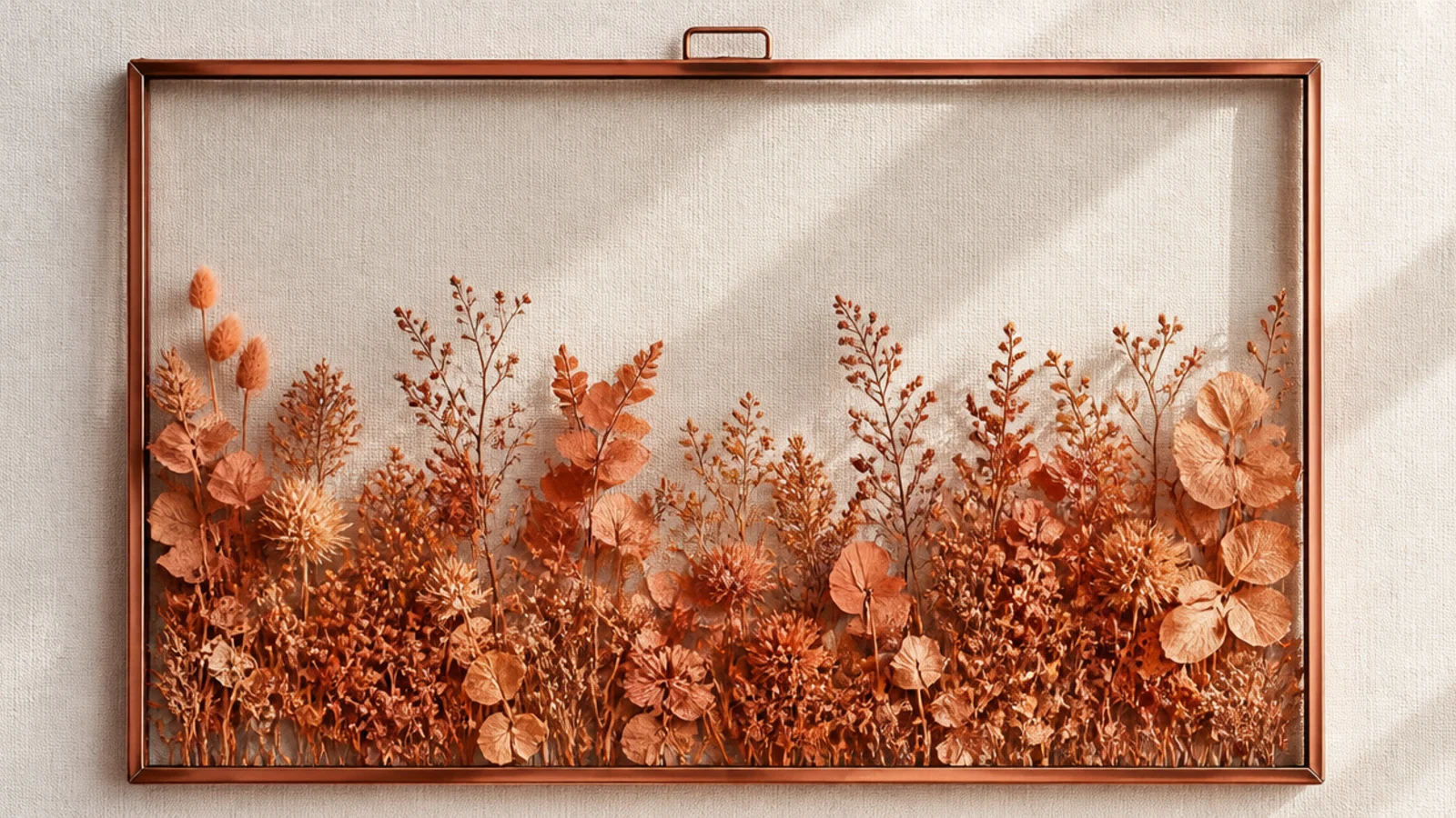 An empty frame filled across the lower half with dried flowers all in one warm terracotta shade, top open.