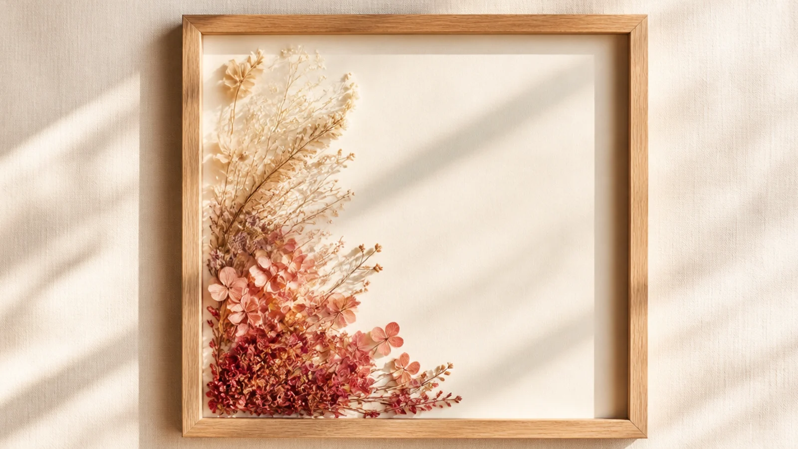 An empty frame with dried flowers arranged along one side fading from deep pink at the bottom to pale cream at the top.