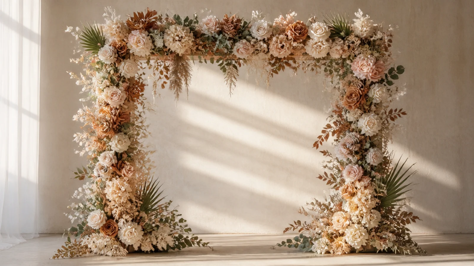 A large freestanding frame covered in abundant faux and dried flowers used as an event photo backdrop.