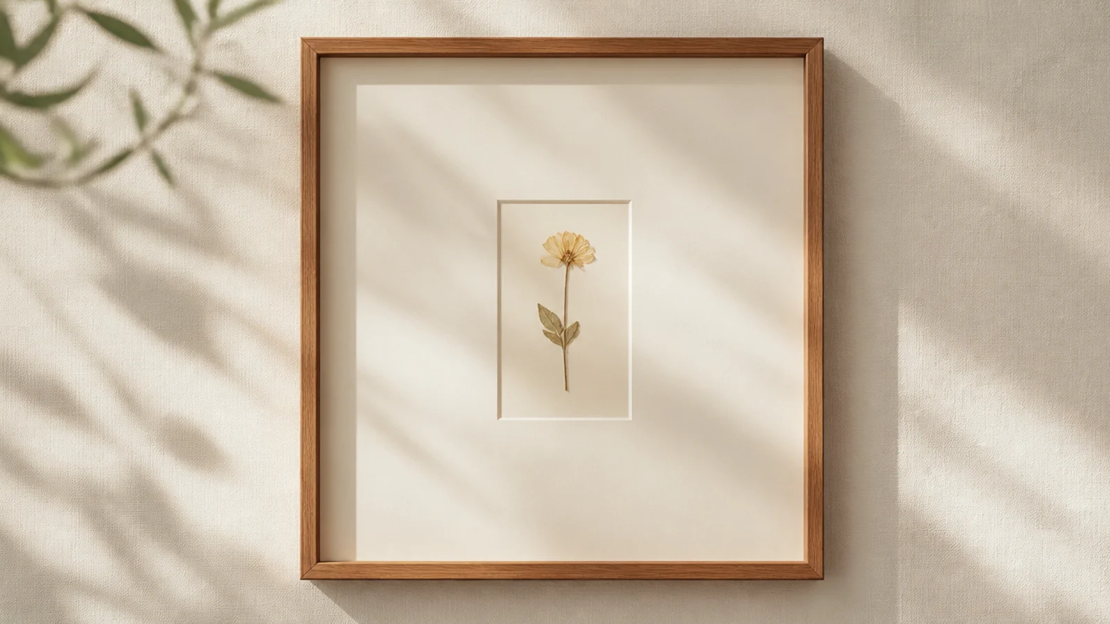 A slim frame with a single pressed flower centered on a very wide cream mat with generous clean margins.
