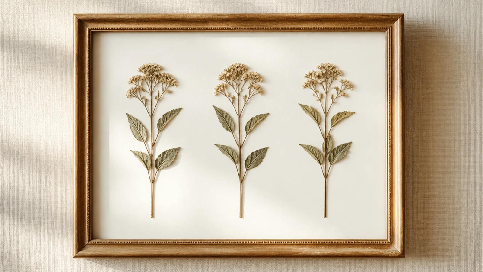 A frame with three identical pressed stems standing evenly spaced in a vertical row on white backing.