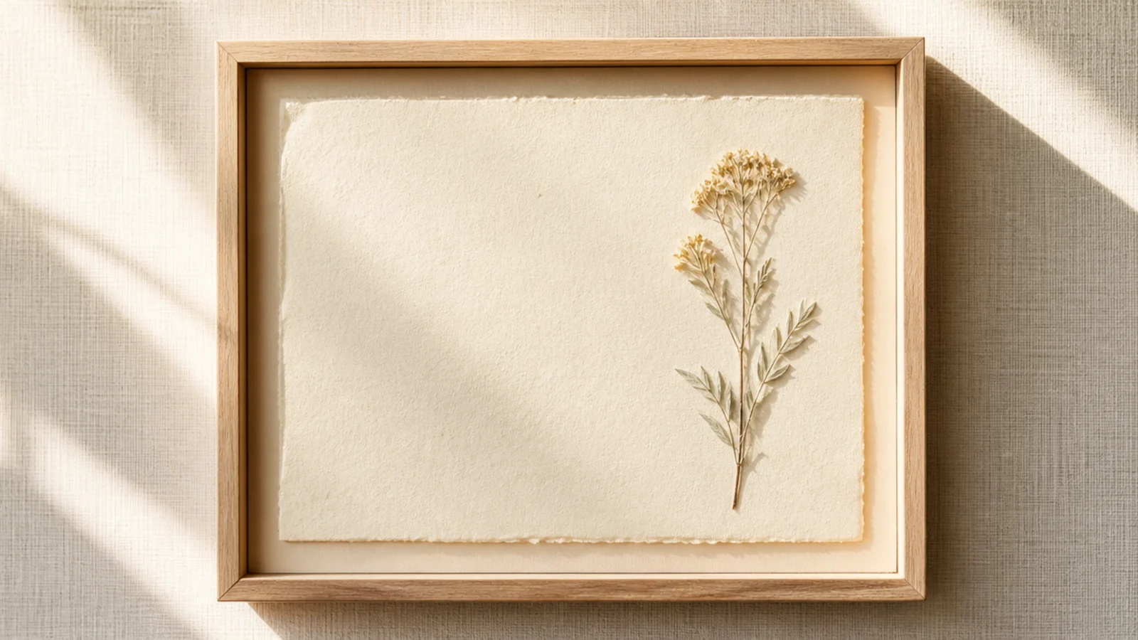 A frame with one delicate pressed sprig placed to one side, leaving open space across the rest of the backing.