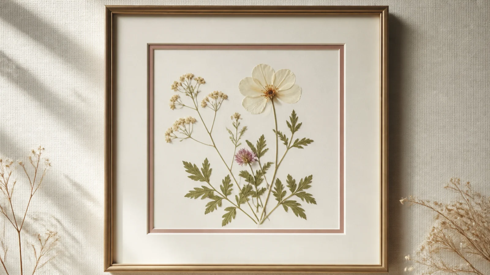 A pressed flower framed with a double mat - a thin colored inner border and a wide cream outer mat.