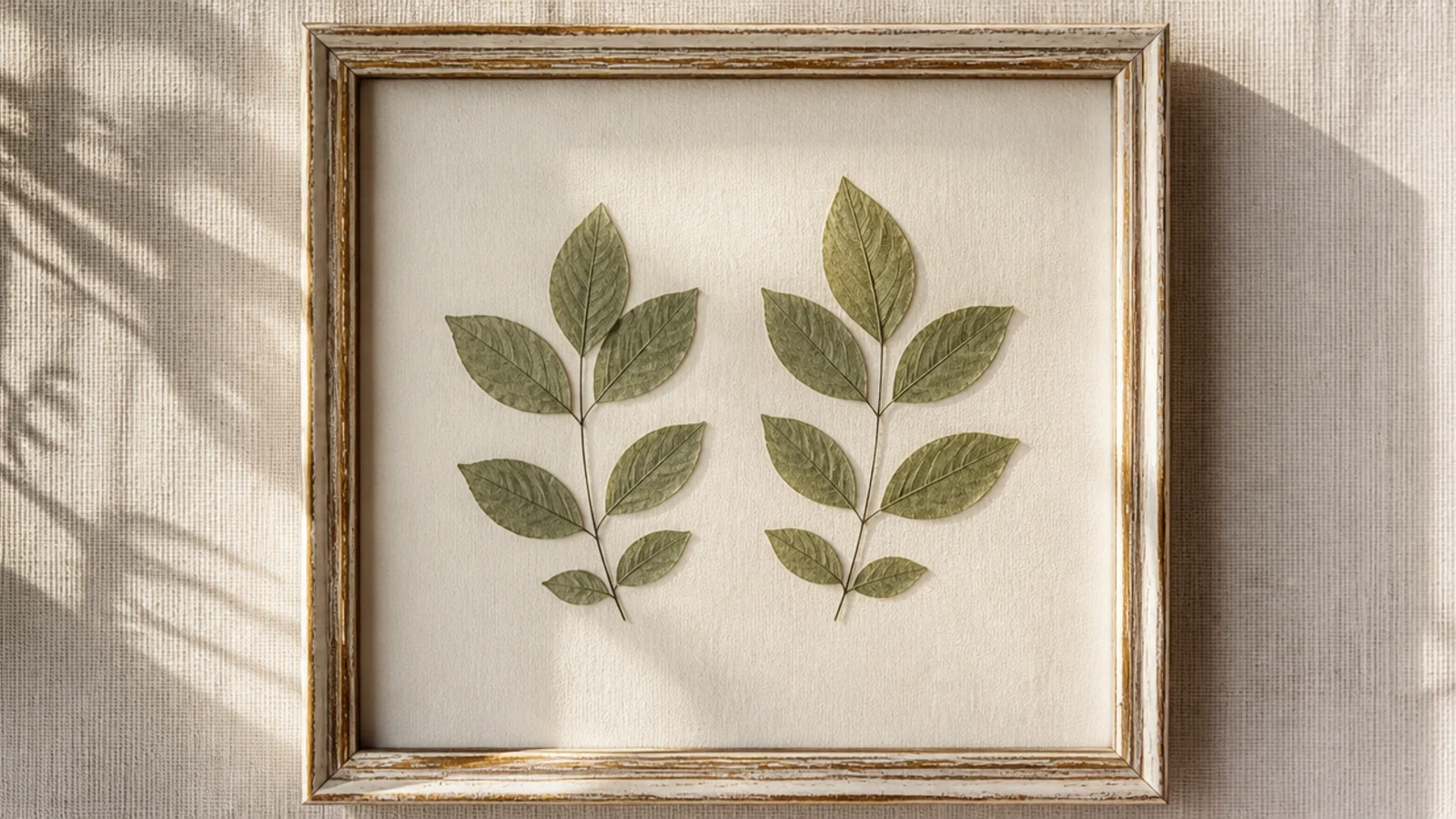 A frame with two simple pressed green leaves arranged symmetrically on a cream background.