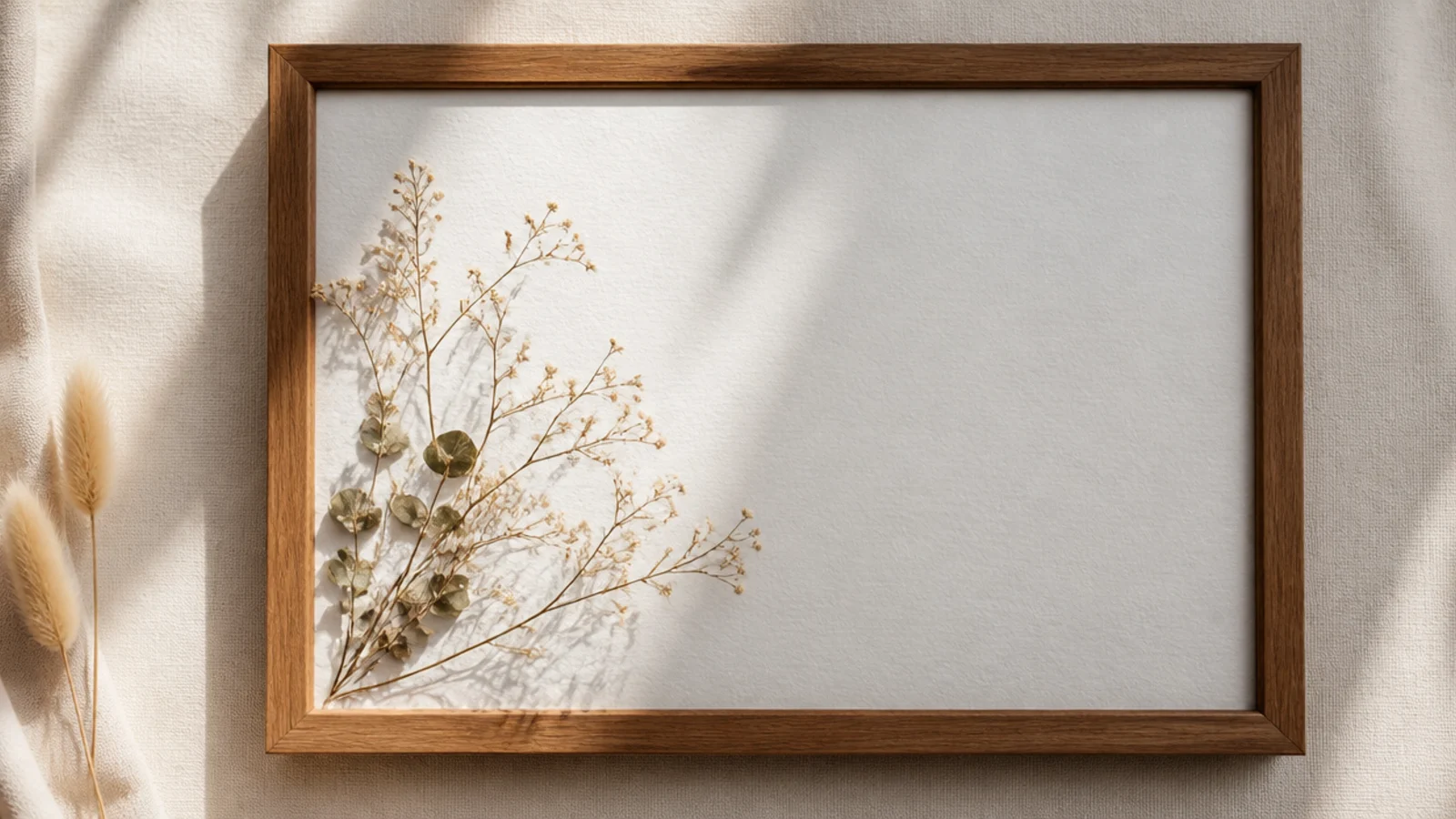 A frame with a small pressed sprig tucked into one corner, the rest of the white backing left open.