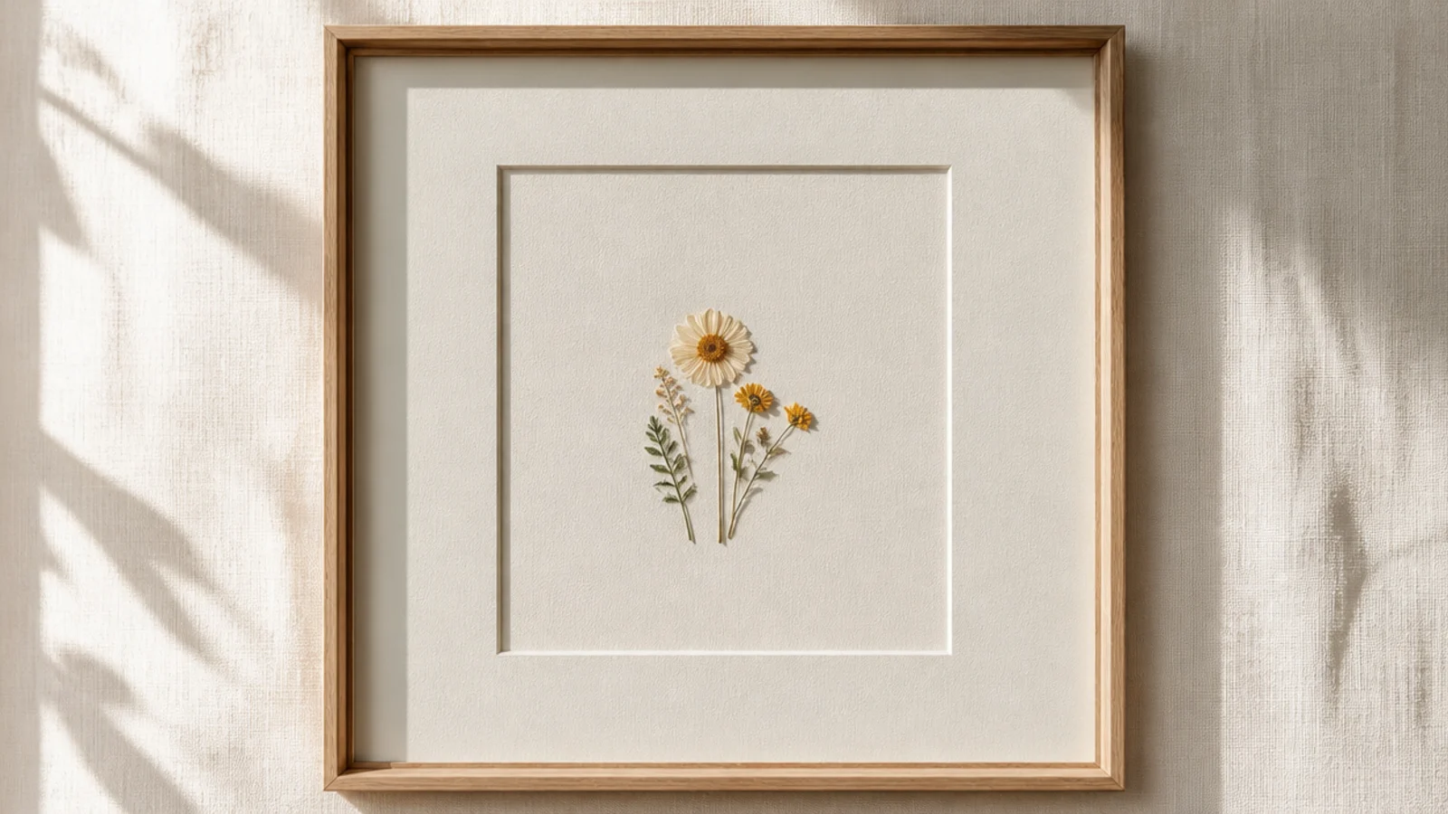 A frame with a small tight cluster of a few pressed flowers grouped in the center on a wide cream mat.