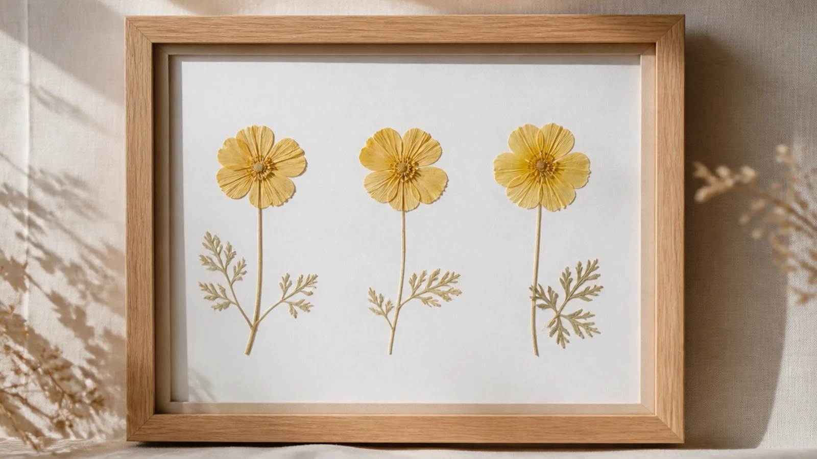 A frame with three pressed flowers all in the same soft yellow shade arranged simply on white backing.