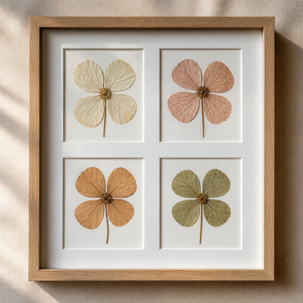 A square frame with four pressed flowers arranged in an even two-by-two grid on white backing.