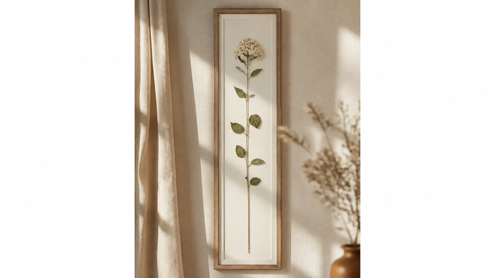 A tall narrow frame holding a single long pressed stem running most of its height on pale backing.