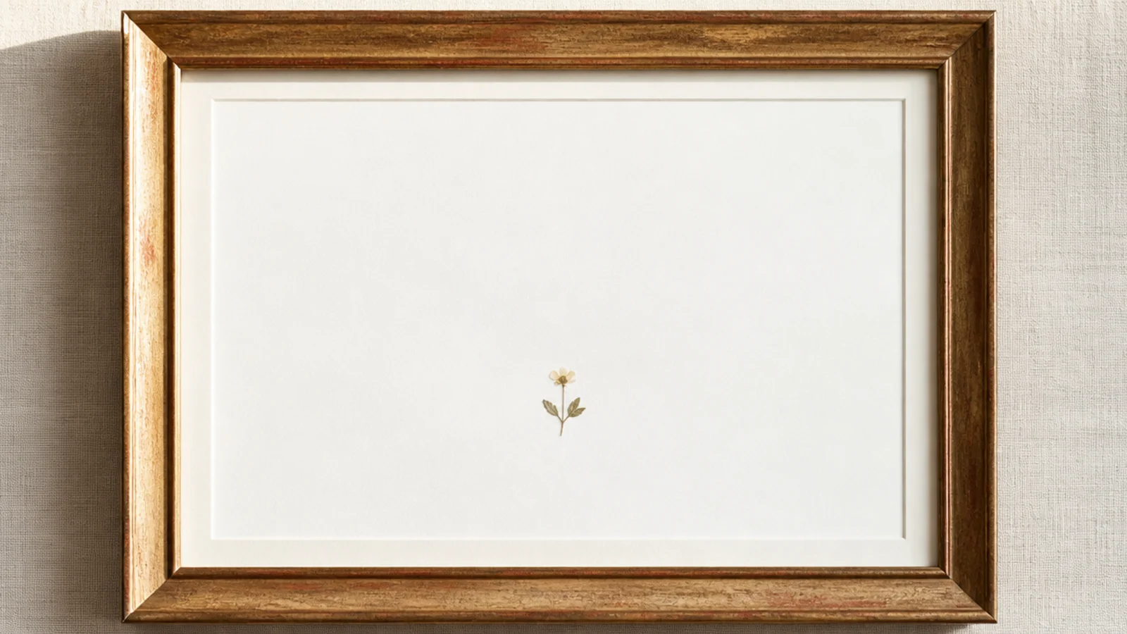 A large frame with a single tiny pressed flower placed low-center, surrounded by a huge expanse of white space.