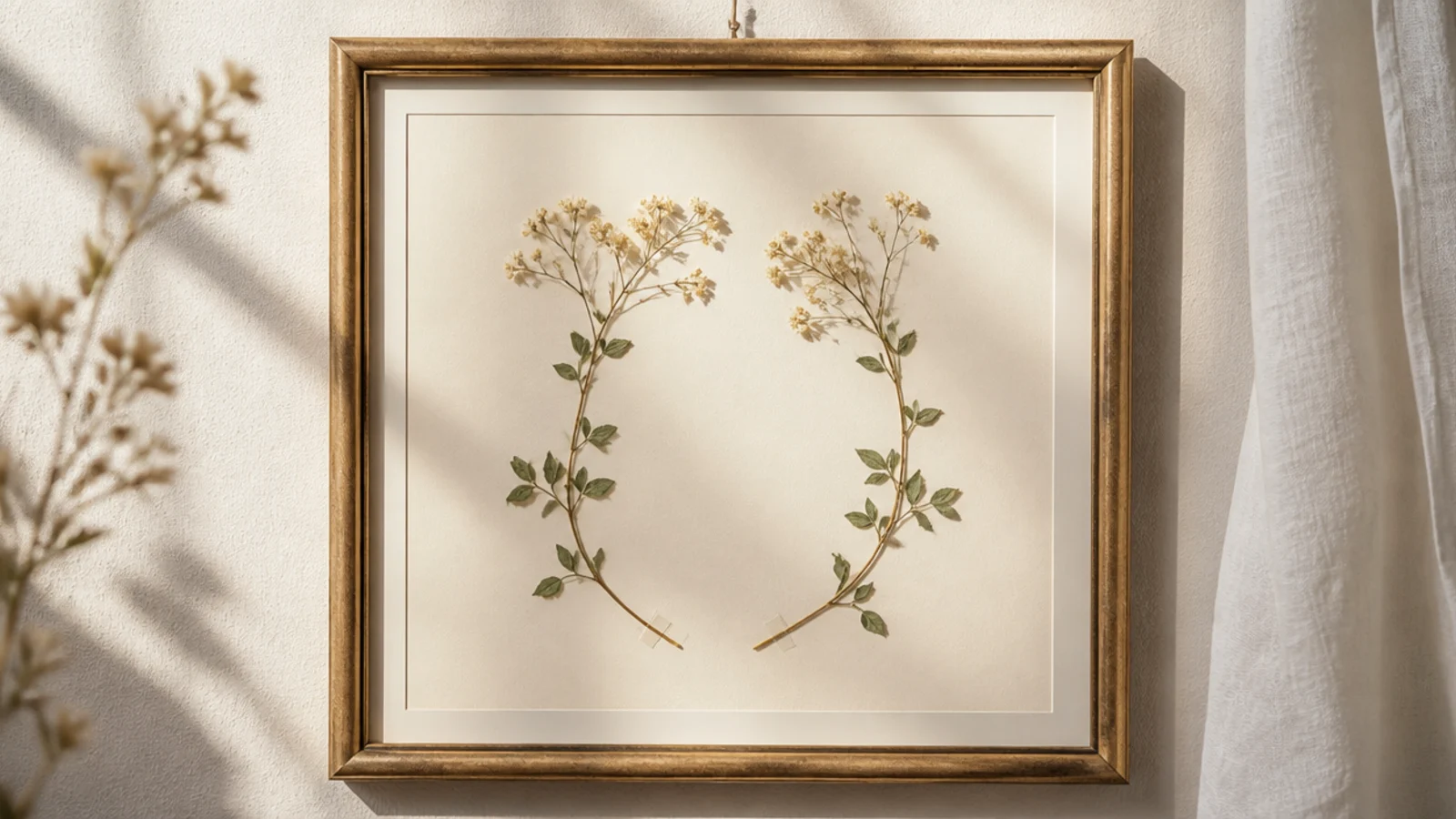 A frame with two pressed stems curving gently toward each other in the center on cream backing.