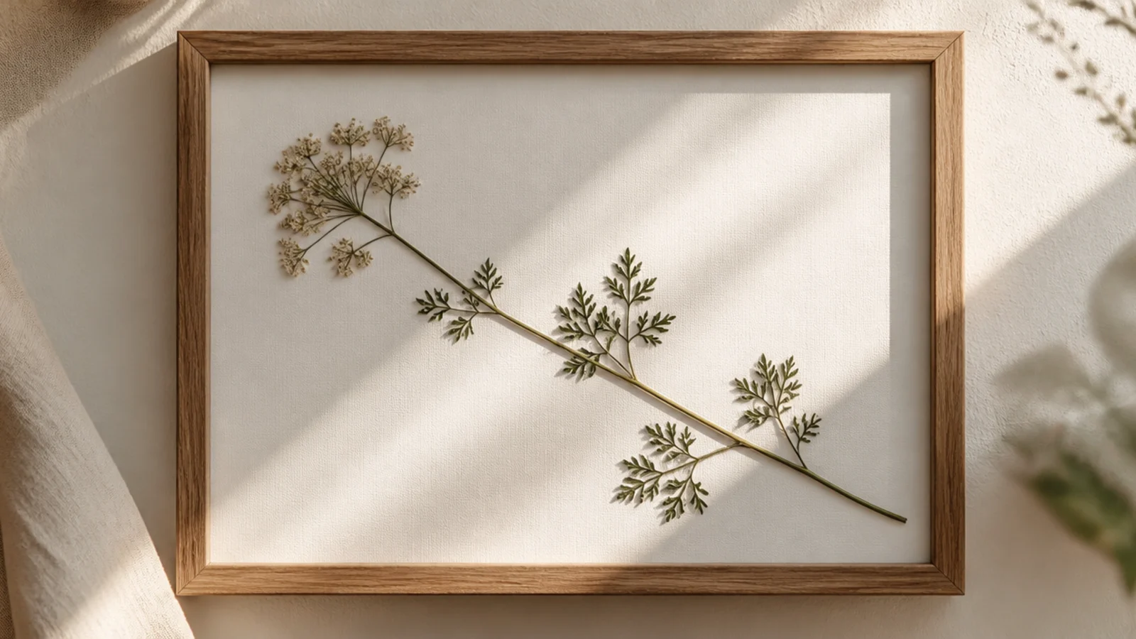 A frame with one pressed stem laid on a clean diagonal from corner toward corner on white backing.