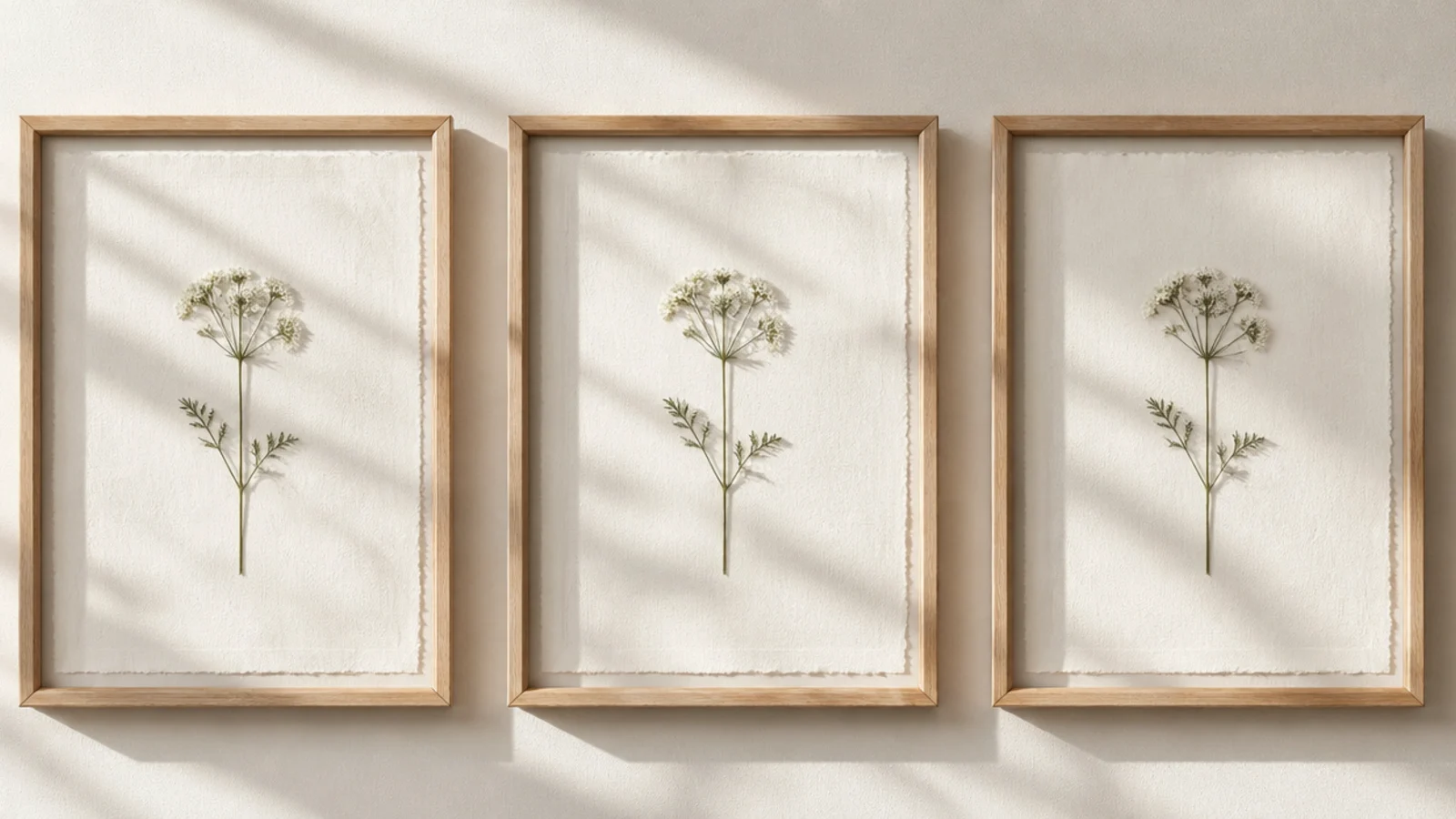 Three identical simple frames hung in a row, each with a single pressed flower centered the same way.