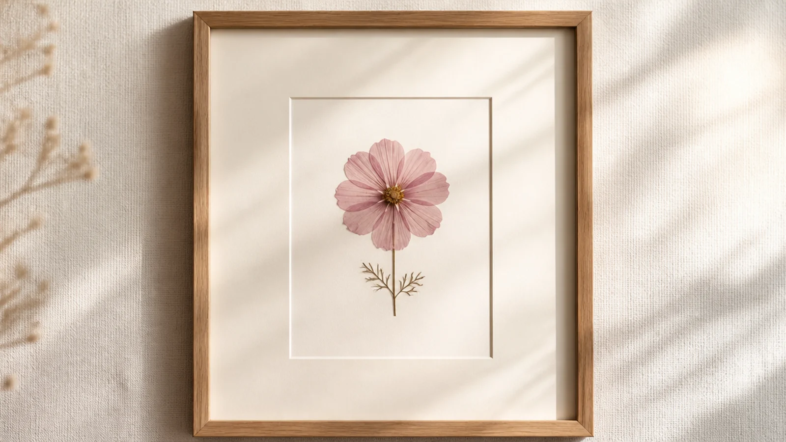 A slim wood frame holding one pressed cosmos flower centered on a wide cream mat with clean margins.
