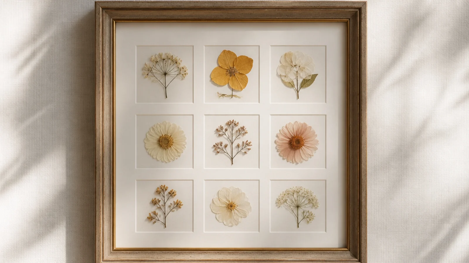 A square frame with nine small pressed flowers arranged in an even three-by-three grid on white backing.