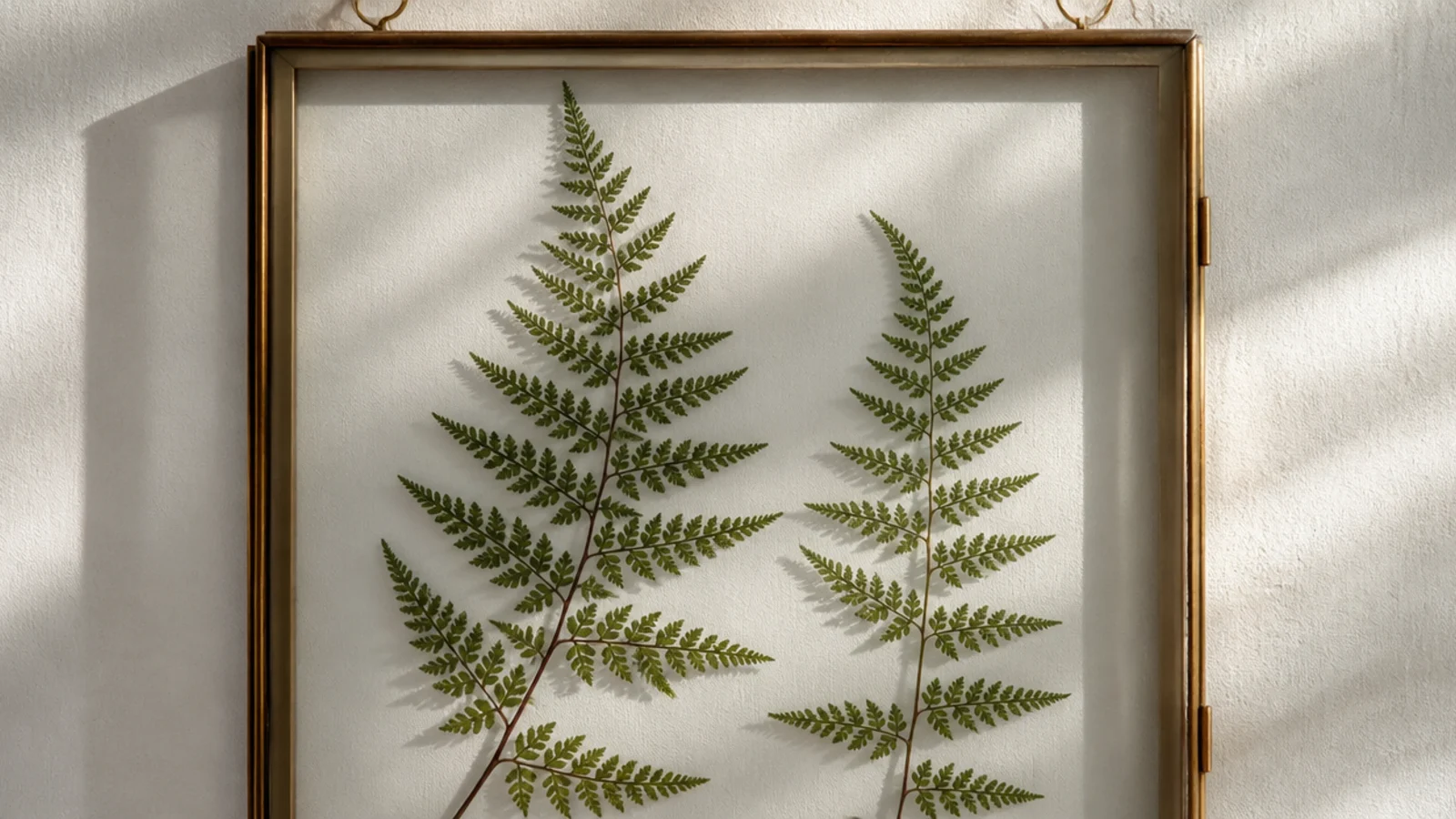 A double-glass float frame with two pressed green ferns appearing to hover between clear panes, wall visible behind.