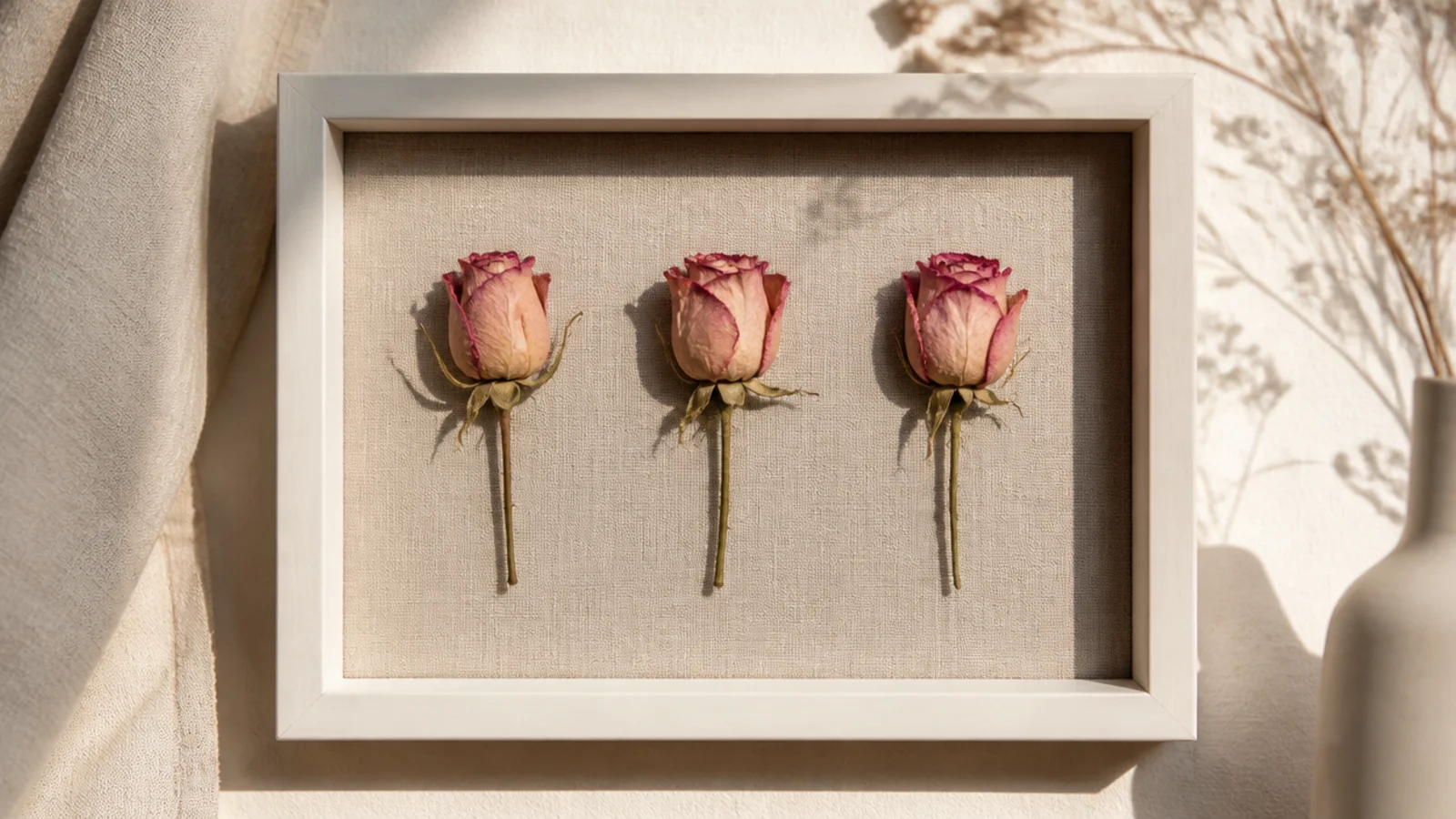 A deep white shadow box holding three whole dried rosebuds mounted in a row against a linen back panel.
