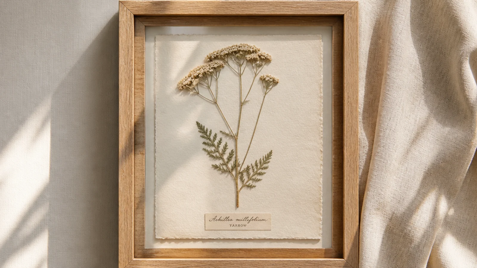 A pressed wildflower with stem and leaves mounted on cream paper with a small handwritten botanical name label beneath it.