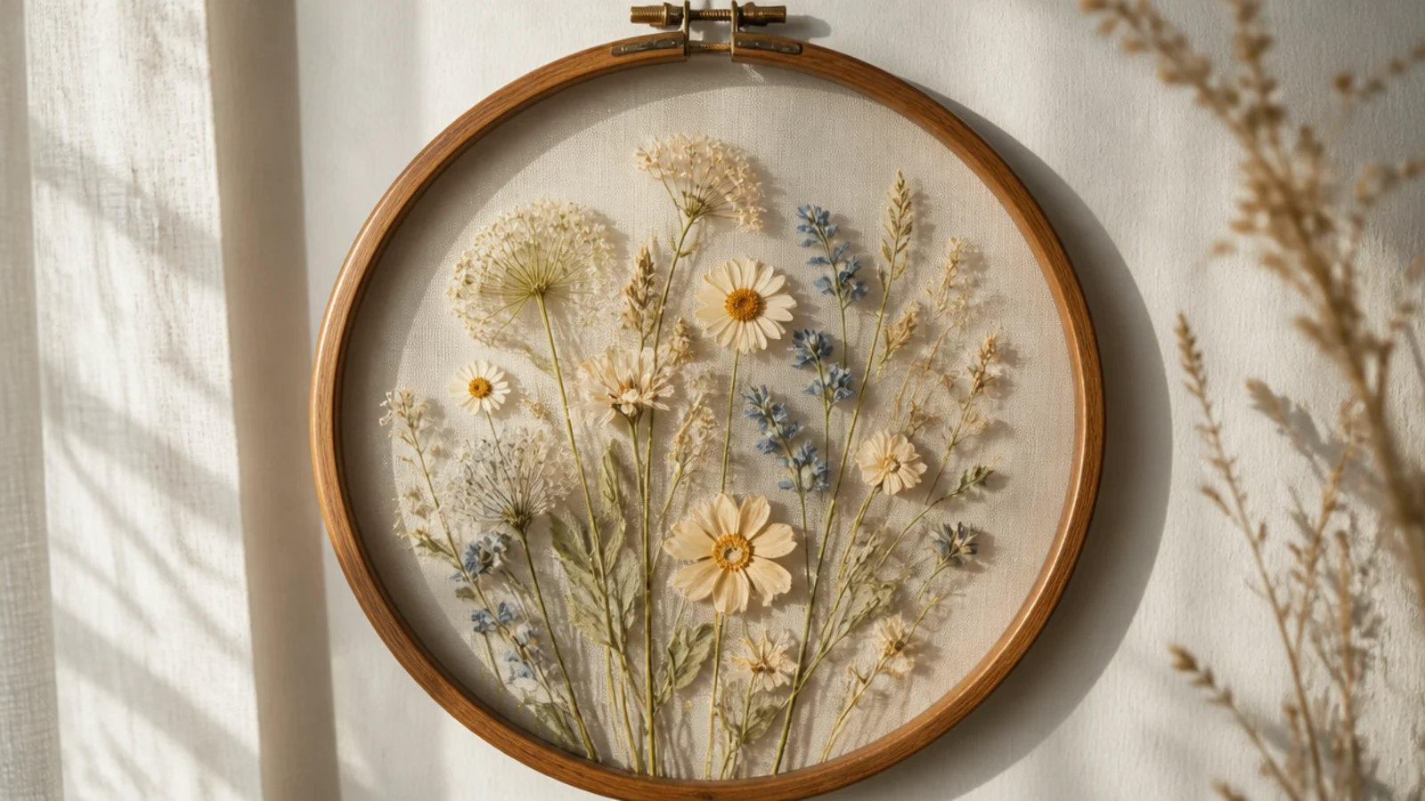 A round wooden embroidery hoop framing pressed flowers arranged on a sheer fabric backing, hung on a wall.