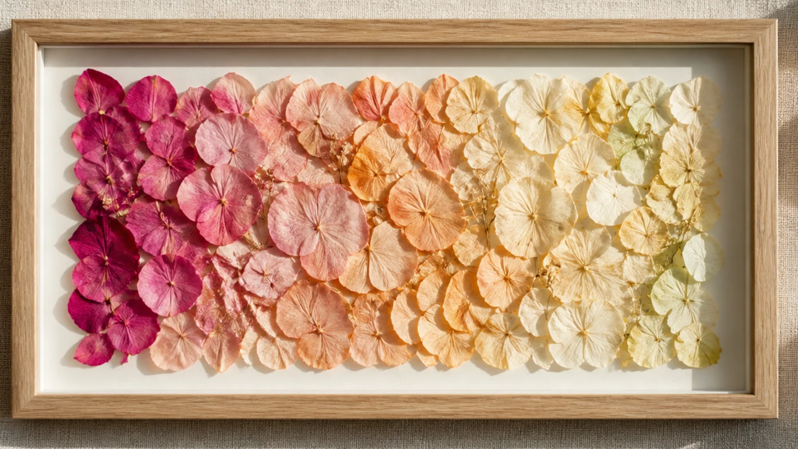 A frame with loose pressed petals arranged in a color gradient from deep pink at one side fading to pale cream at the other.