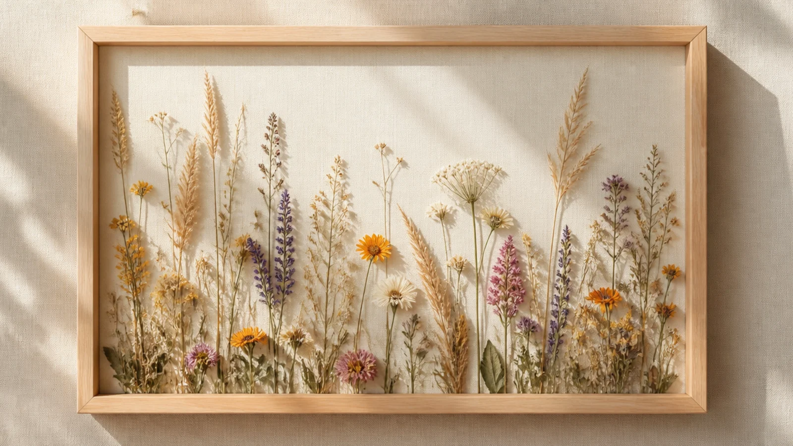 A frame arranged as a little meadow with pressed grasses and wildflowers standing upright along the bottom edge.