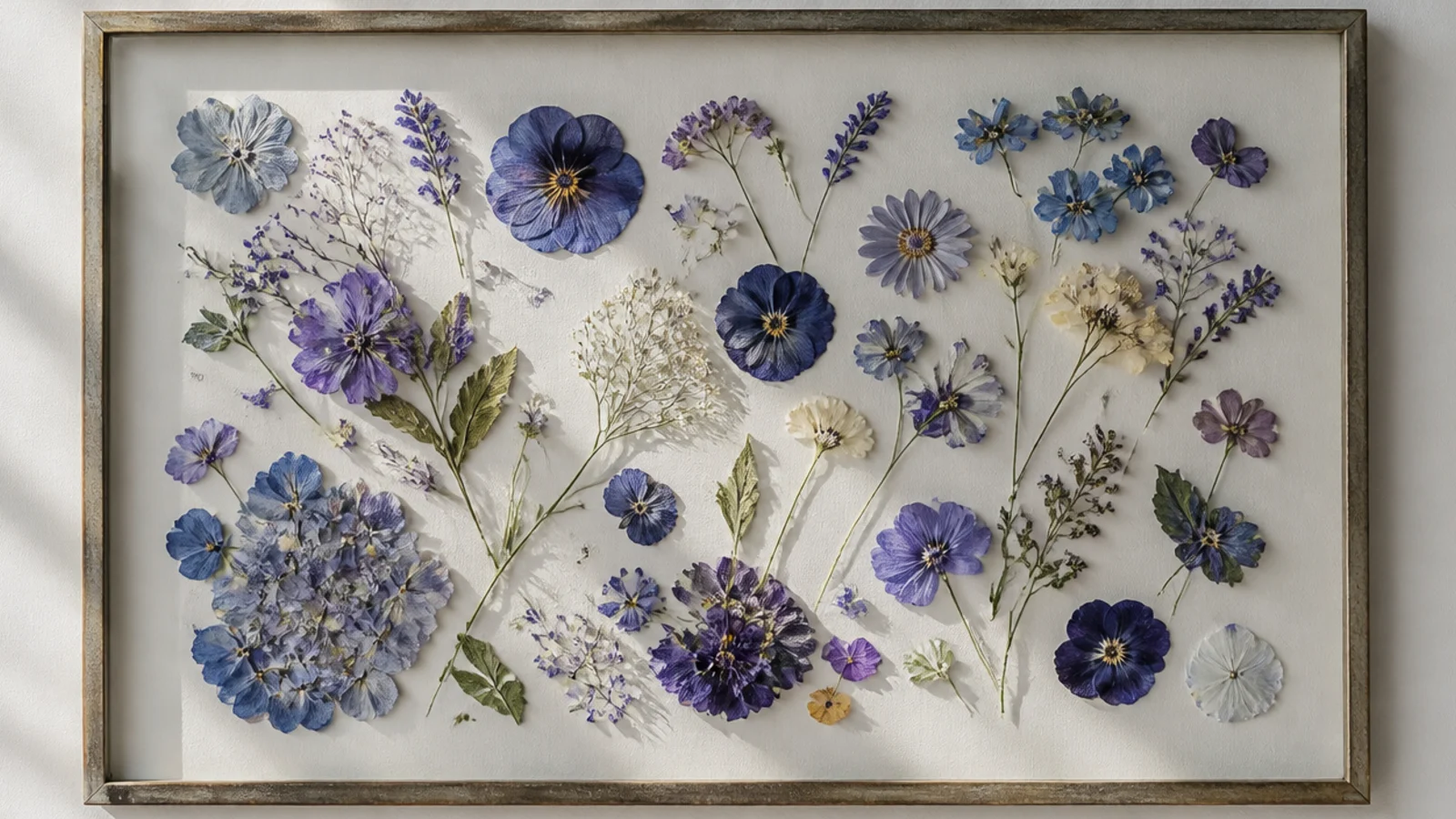 A frame filled with pressed flowers all in shades of blue and violet arranged loosely on a white background.