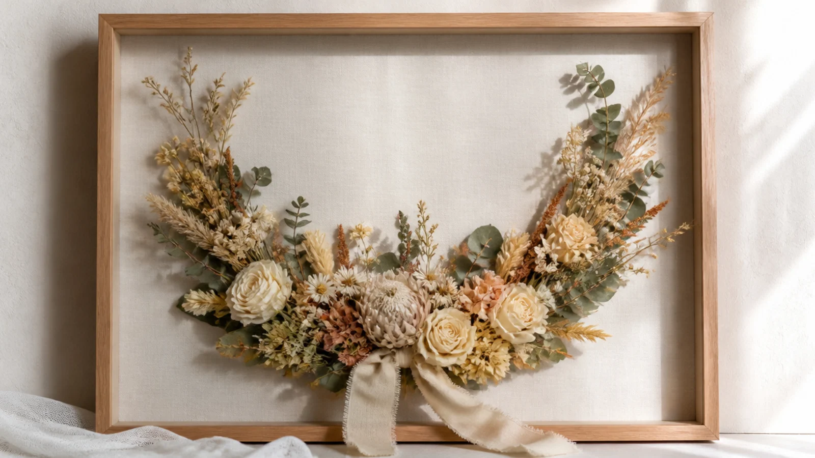 A large deep frame preserving dried flowers from a wedding bouquet arranged in a soft crescent with a ribbon detail.