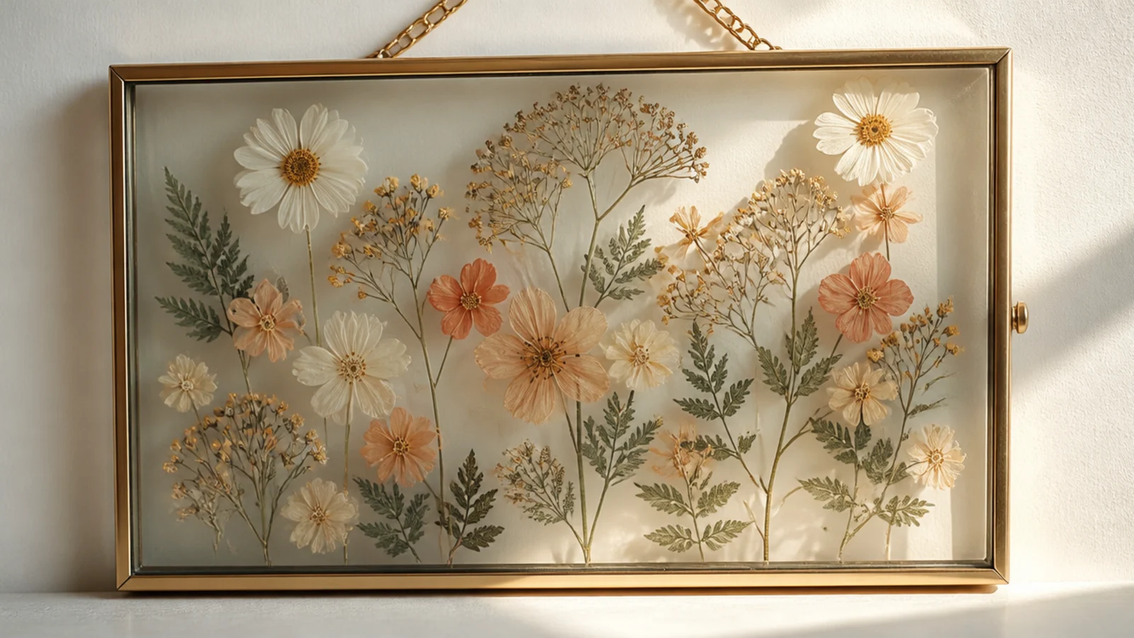 A double-glass frame with pressed flowers on both panes creating a subtle layered, three-dimensional floating effect.