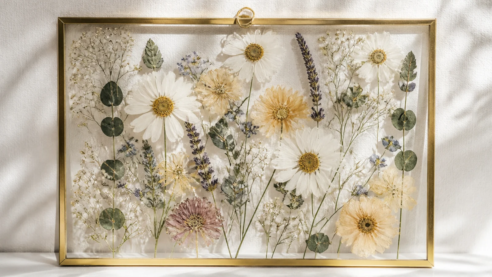 A pressed flower encased in a clear resin panel set inside a thin brass frame, catching the light like glass.