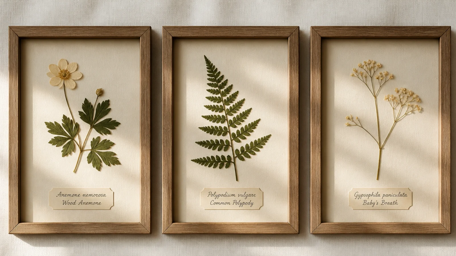 Three matching frames hung in a row, each holding a single pressed botanical specimen with a small name label.