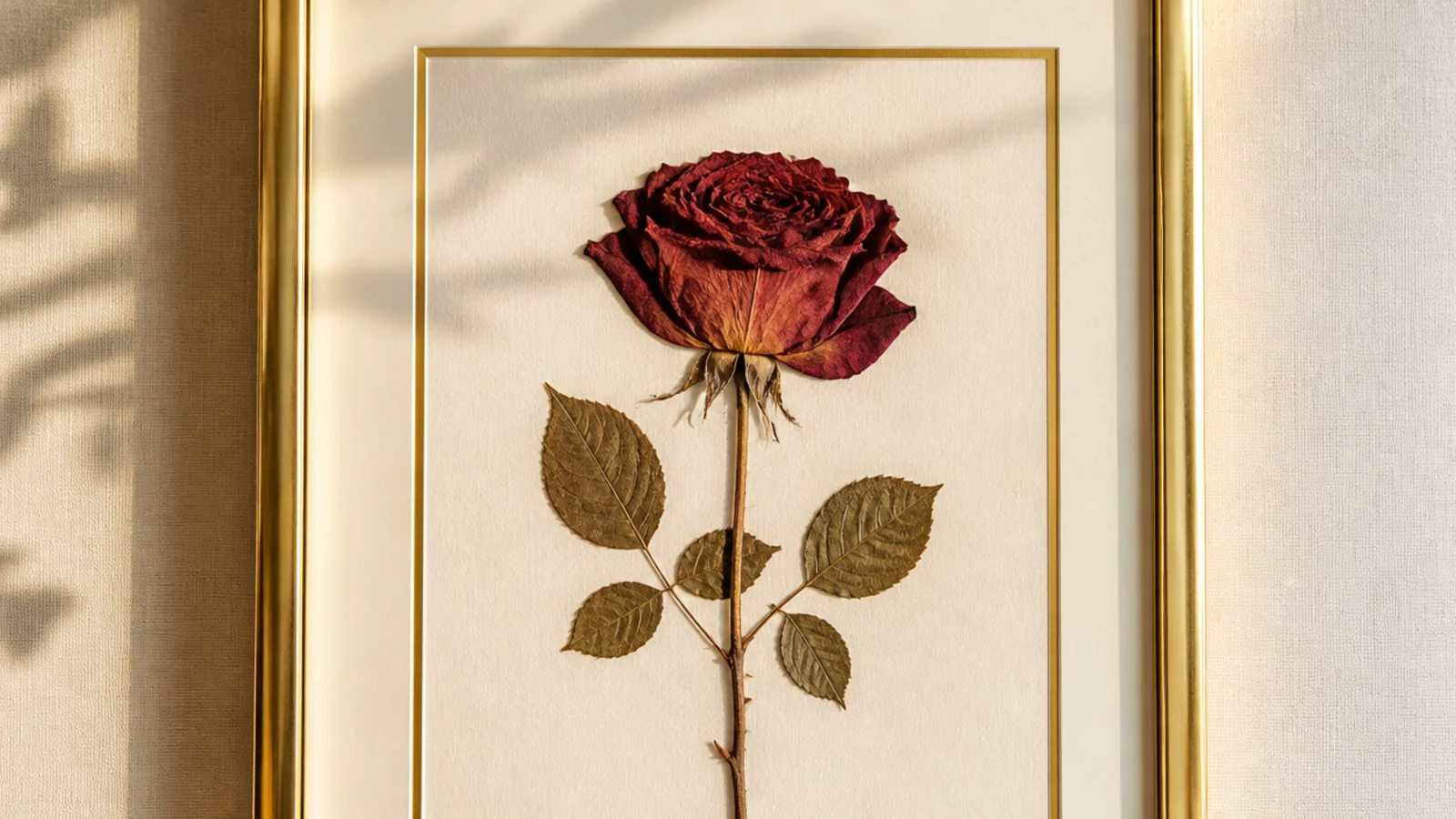 A pressed red rose on ivory backing inside a thin gold frame, with a fine gold-leaf line accenting the mat edge.