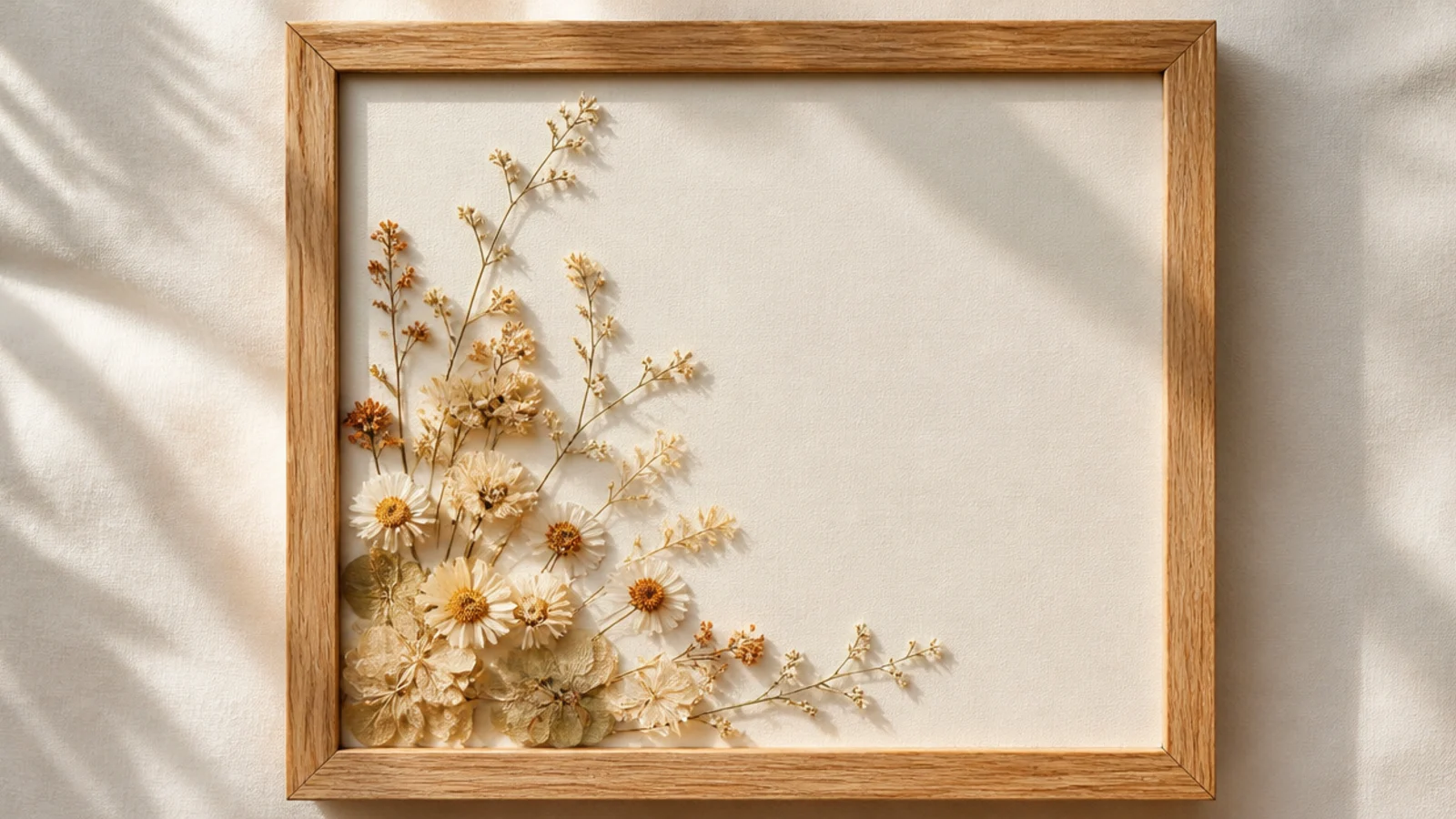 A frame with a delicate spray of dried flowers arranged diagonally across one corner, the rest of the backing left empty.