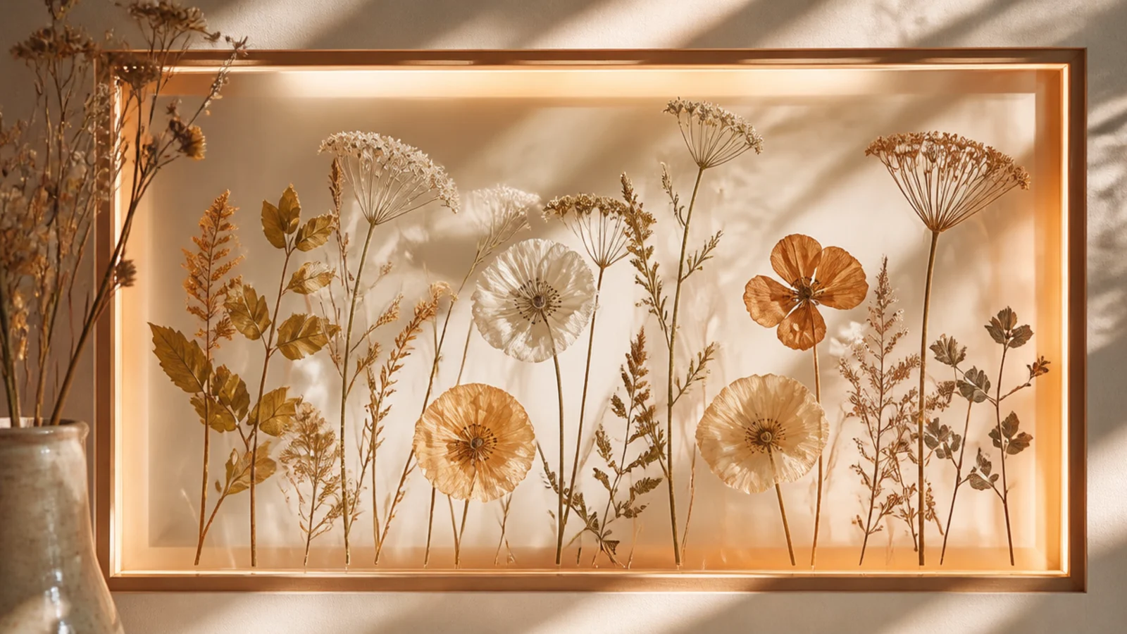 A float-glass frame with pressed flowers glowing softly, lit from behind by a warm LED strip on the wall.