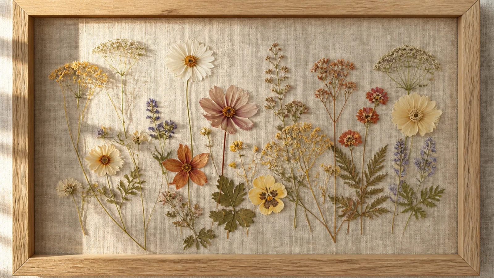 Pressed flowers mounted on a soft linen fabric background inside a natural wood frame, giving a warm textured base.